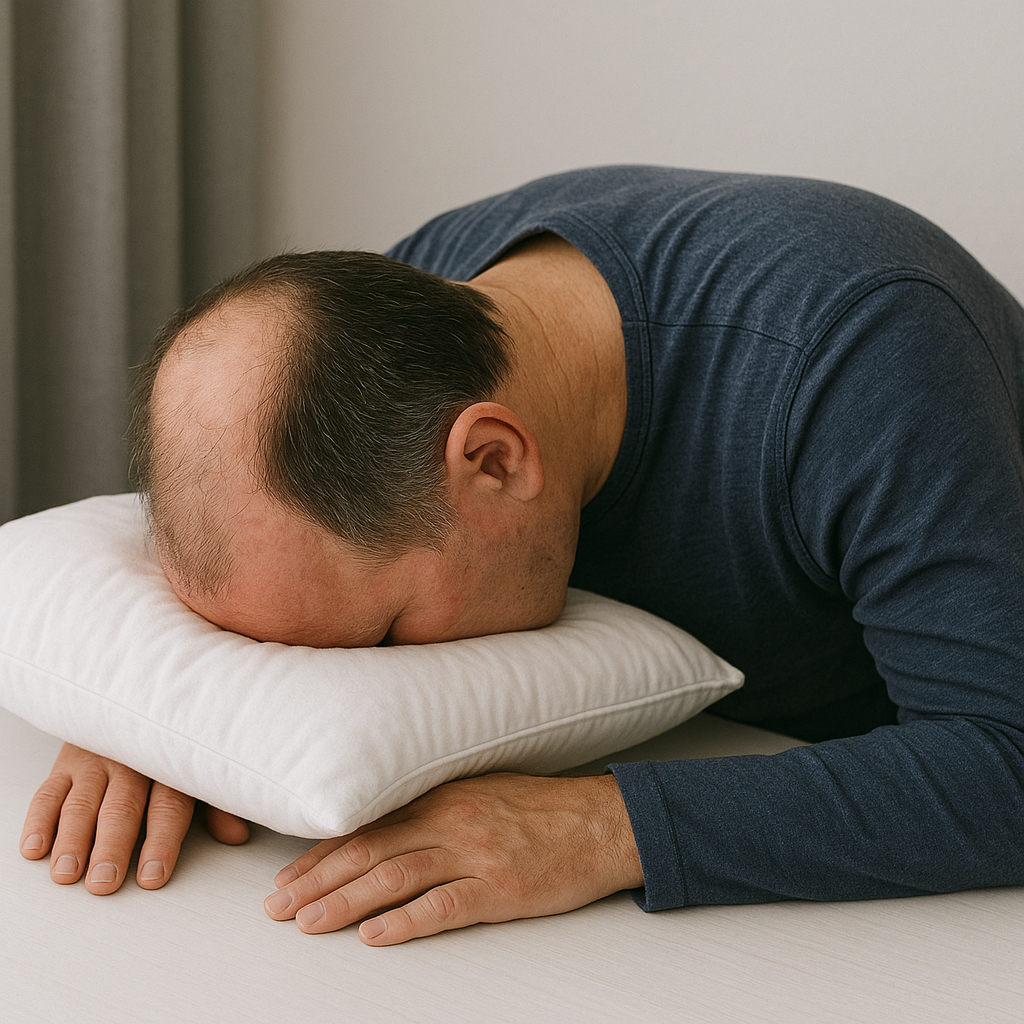 Paciente em posição de cabeça face down após cirurgia de descolamento de retina, apoiando a testa em almofada